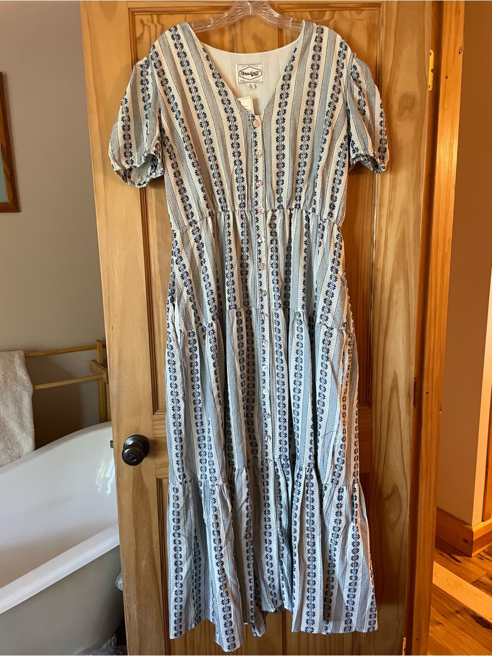 Blue and White Striped Button-Front Tiered Maxi Dress